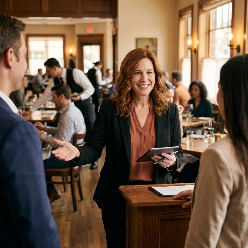 A host greeting guests at a restaurant entrance near a small host stand, with a busy dining room visible behind them