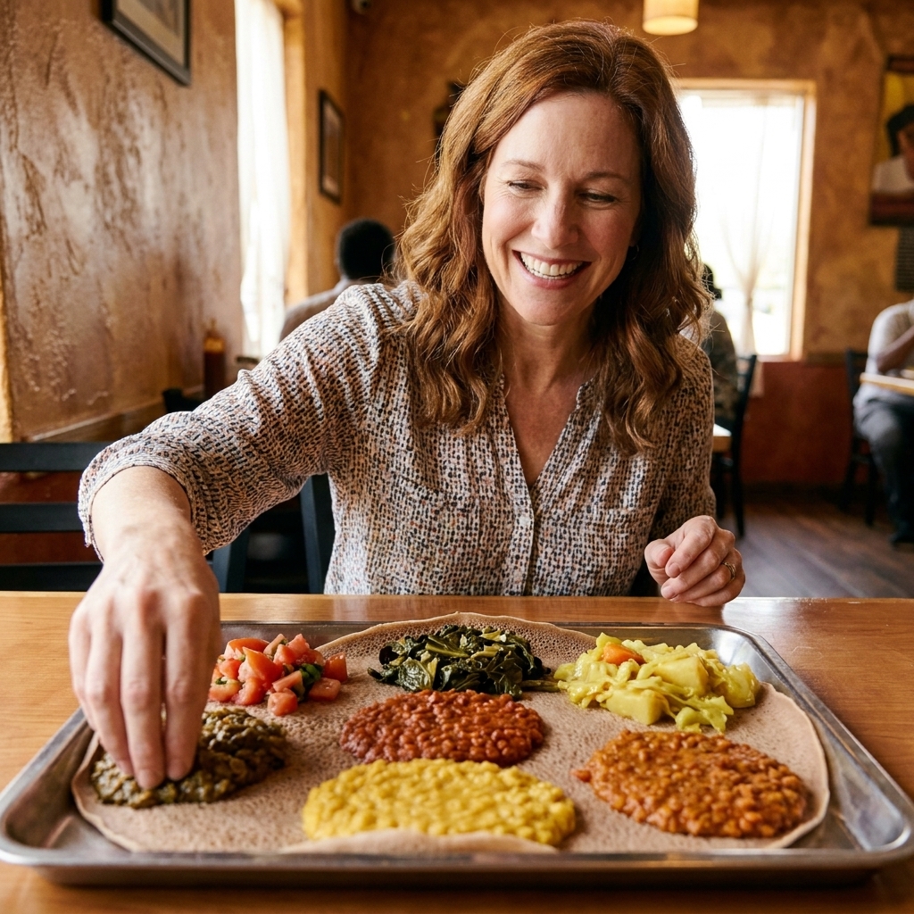 A large injera platter topped with colorful lentil stews, sautéed greens, and vegetable dishes arranged in small mounds on a shared tray