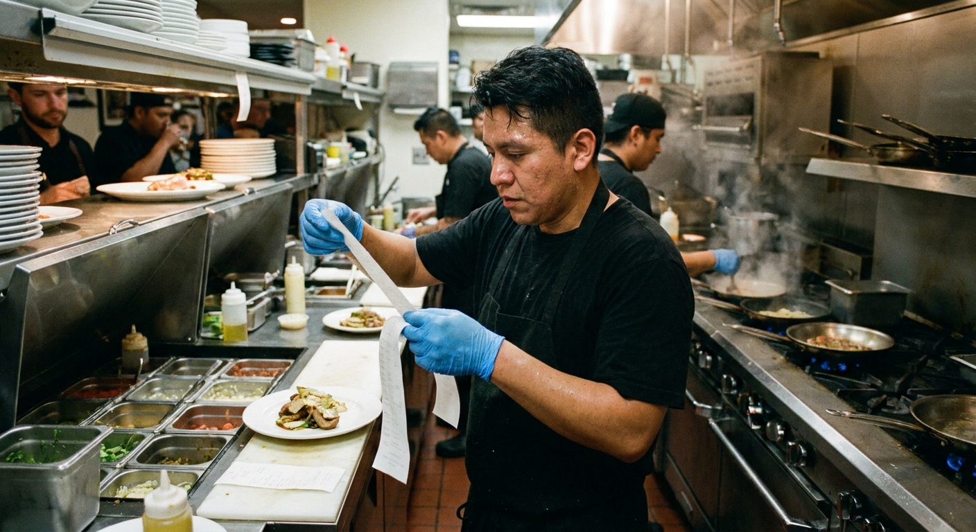 A line cook at a busy restaurant pass reading an order ticket while wearing gloves, with stainless steel pans and prep containers visible behind them