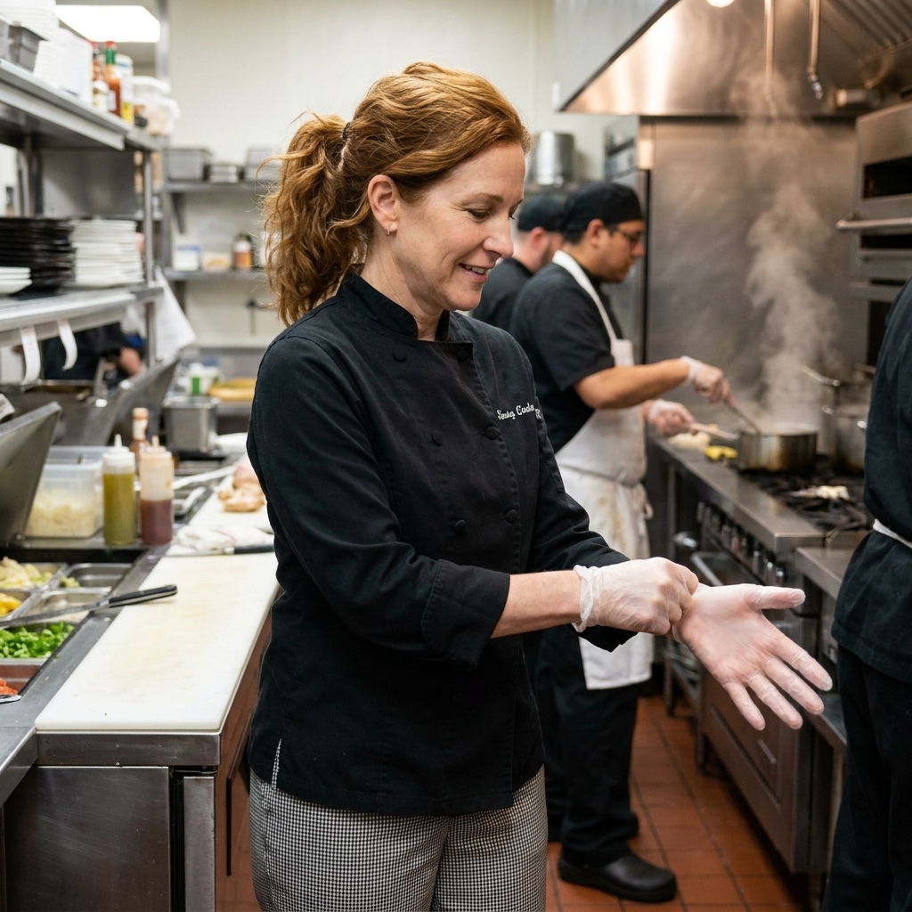 A line cook in a busy restaurant kitchen changing disposable gloves at a prep station before handling a new dish