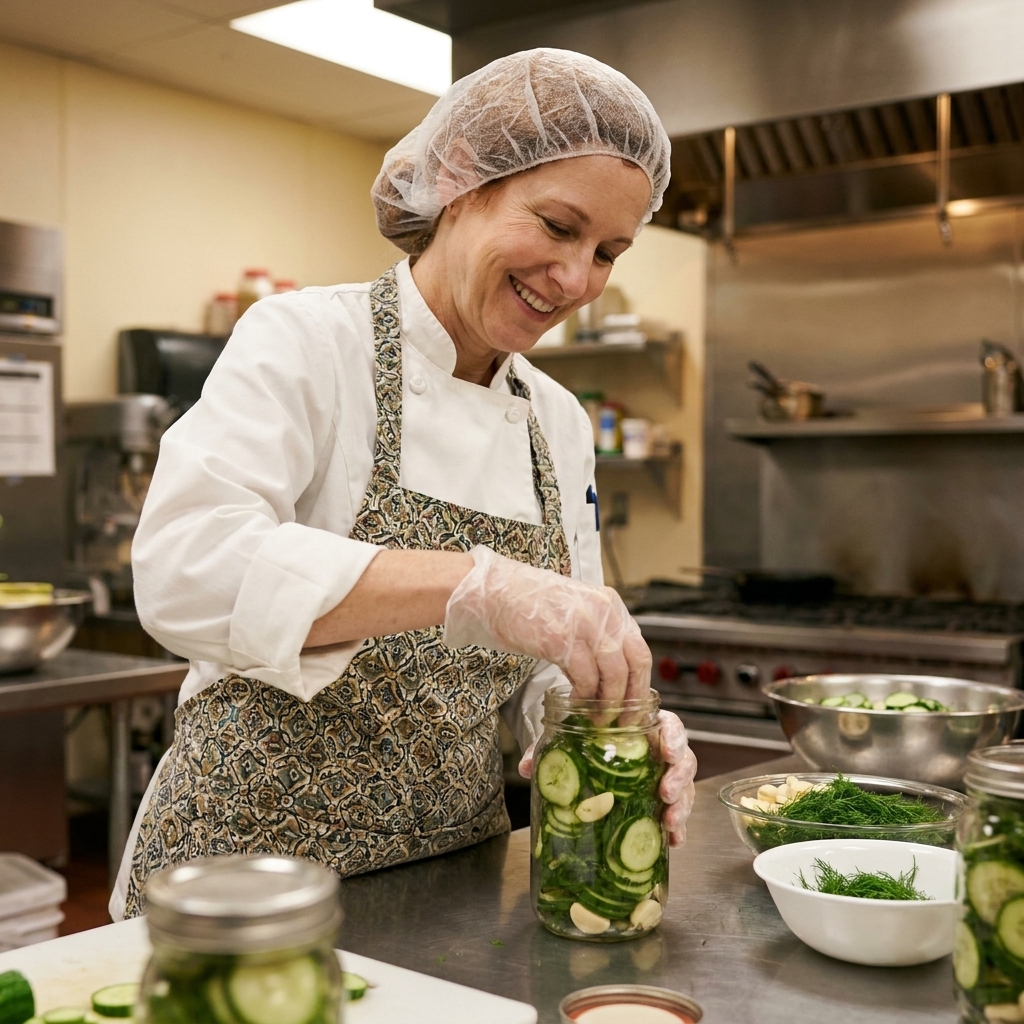 A line cook packing sliced cucumbers and herbs into glass jars for pickling on a stainless steel prep table