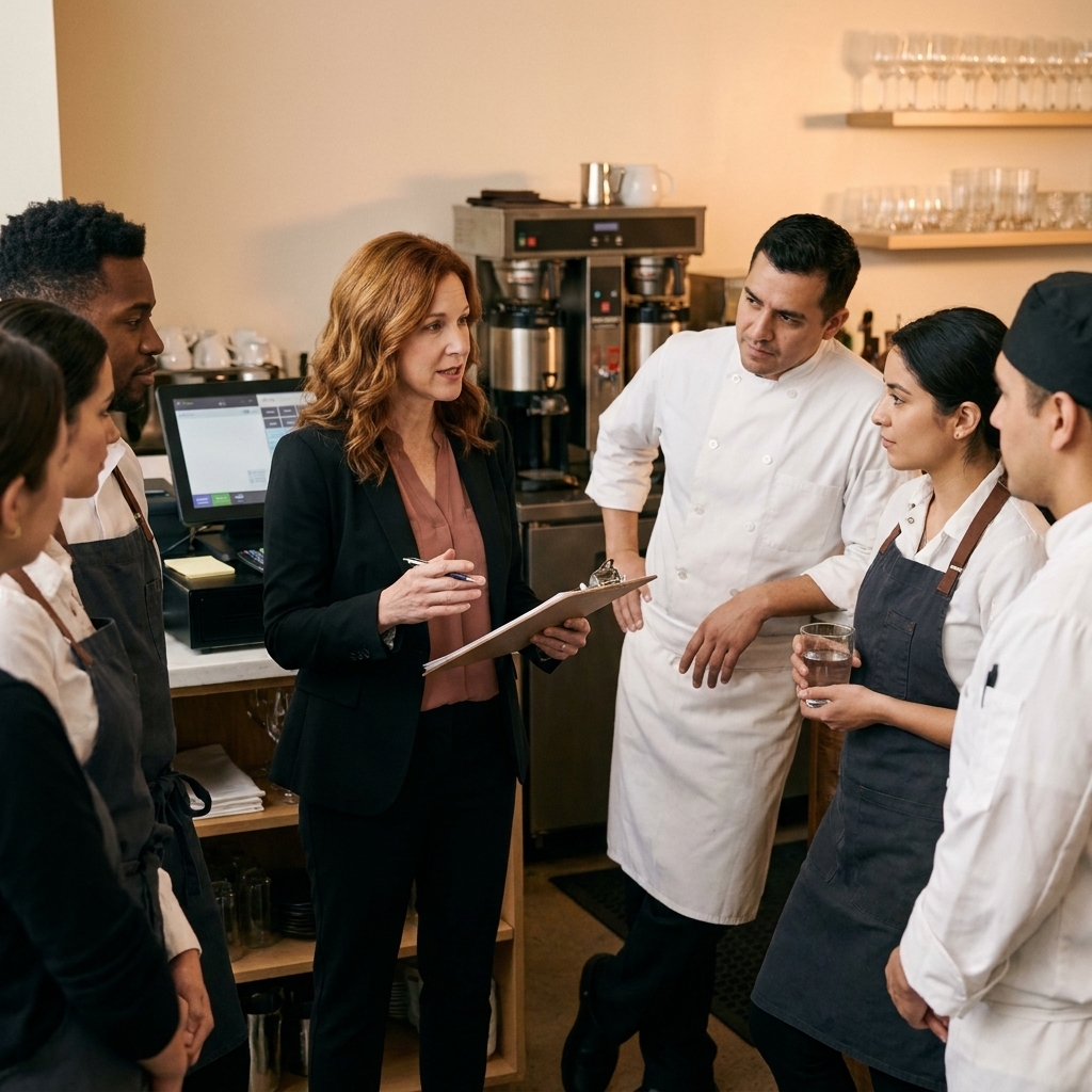 A mixed team of servers and cooks standing together for a pre-shift meeting near the service station, listening as a manager reviews the night’s reservations and specials