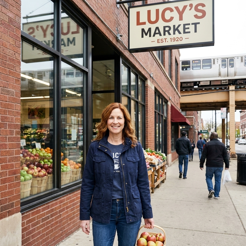 A neighborhood grocery store storefront on a Chicago street in daylight