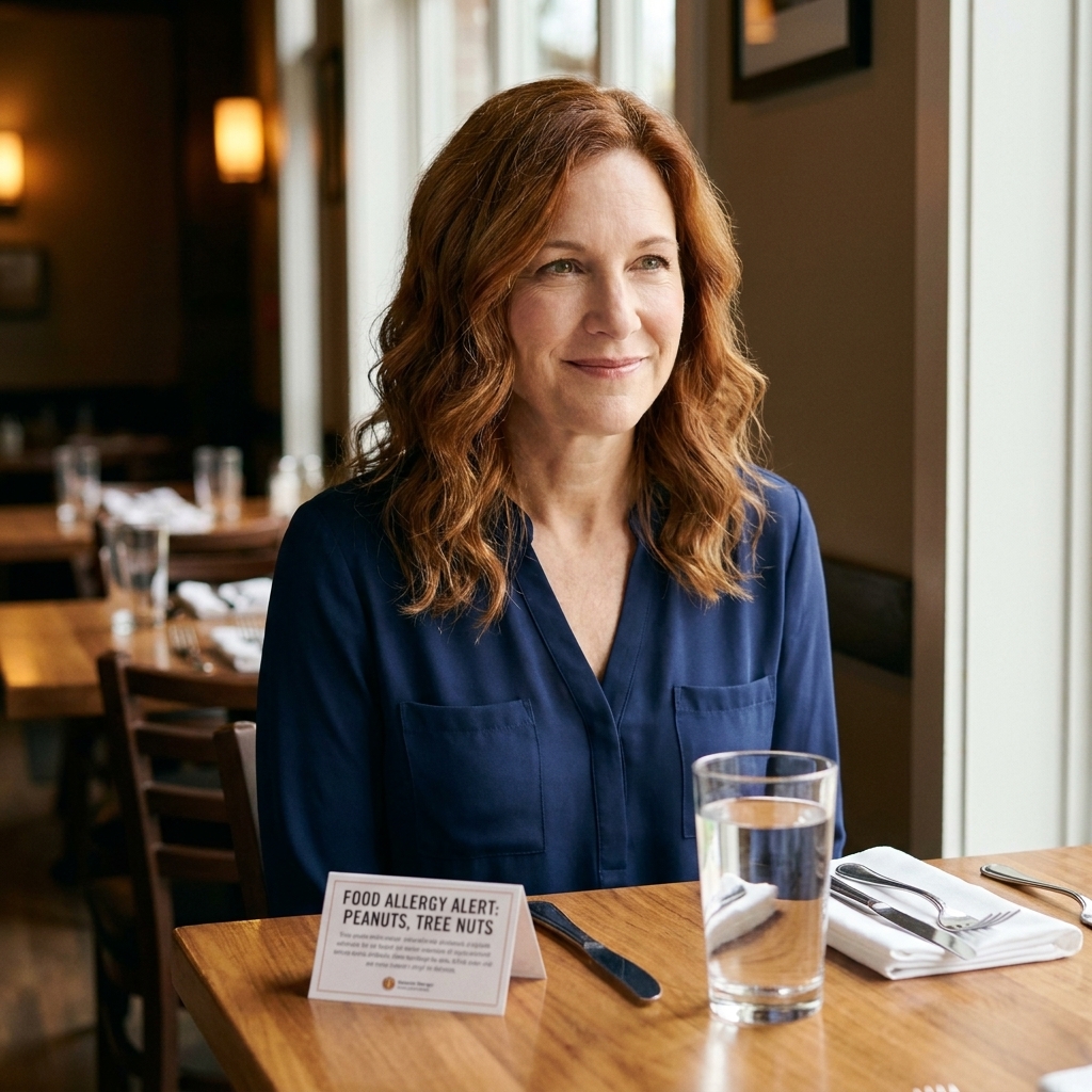 A printed food allergy card placed beside a place setting with a water glass on a restaurant table