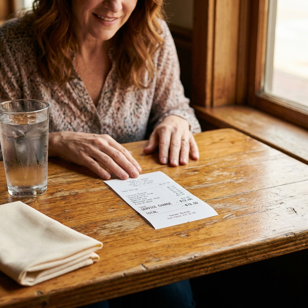A printed restaurant receipt on a wooden table showing a line item for a service charge and a total, with a water glass and folded napkin nearby