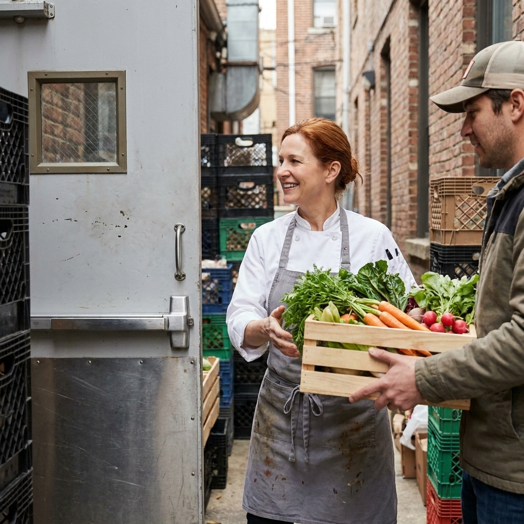 A restaurant chef in an apron receiving a crate of fresh vegetables from a delivery person at a back door, candid documentary-style restaurant moment