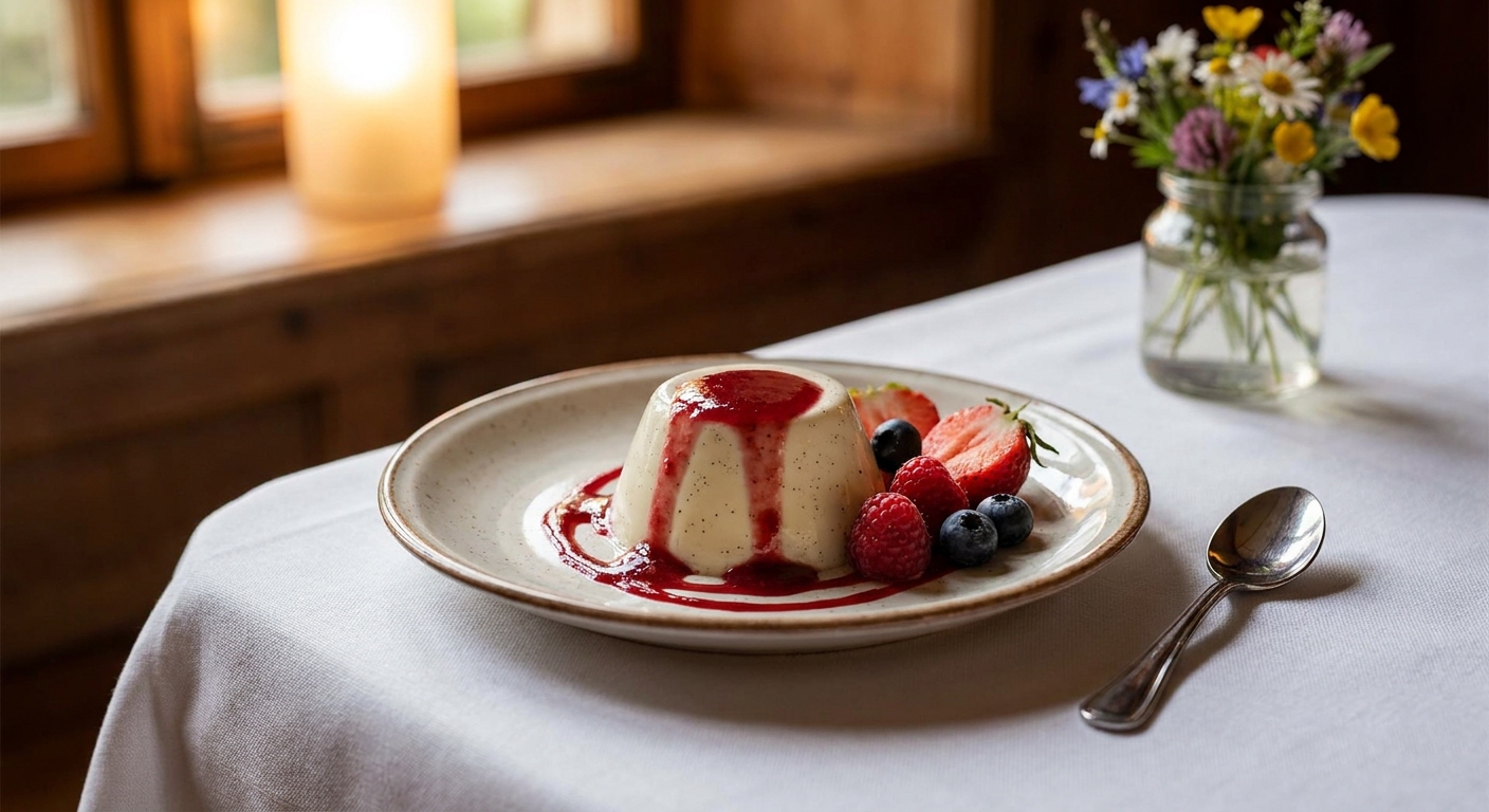 A restaurant dessert plate with a creamy panna cotta topped with berries on a white tablecloth in soft evening light