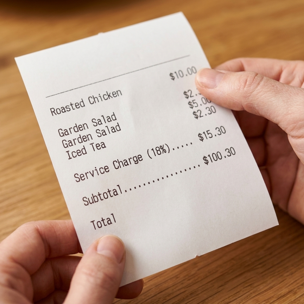 A restaurant receipt showing a printed service charge line item above the subtotal