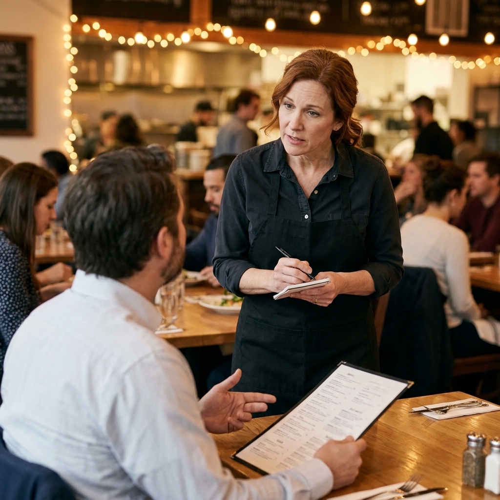 A restaurant server holding a notepad while listening attentively to a diner explaining a food allergy at a table in a warm, busy dining room
