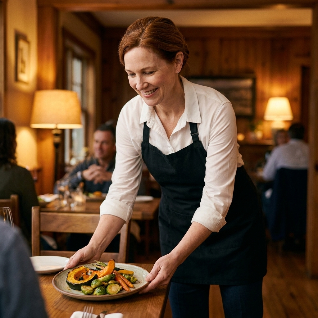 A restaurant server setting down a seasonal vegetable entree at a table, with a warmly lit dining room in the background