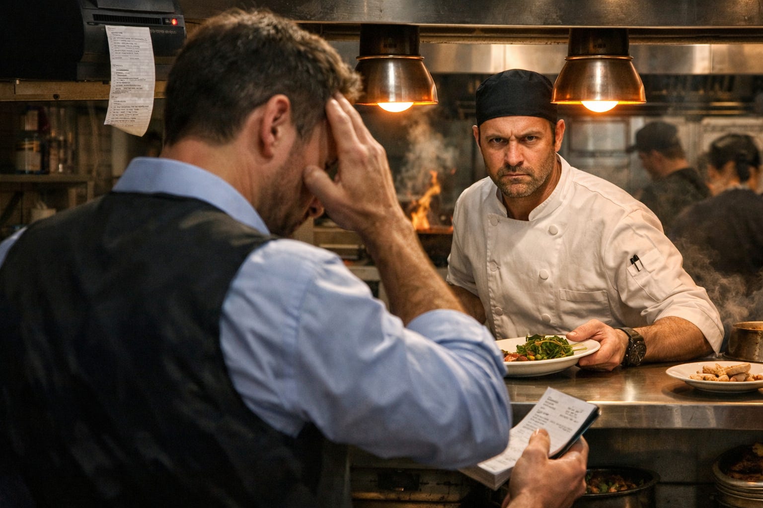 A restaurant server speaking with a chef at the pass during dinner service with plates lined up under heat lamps