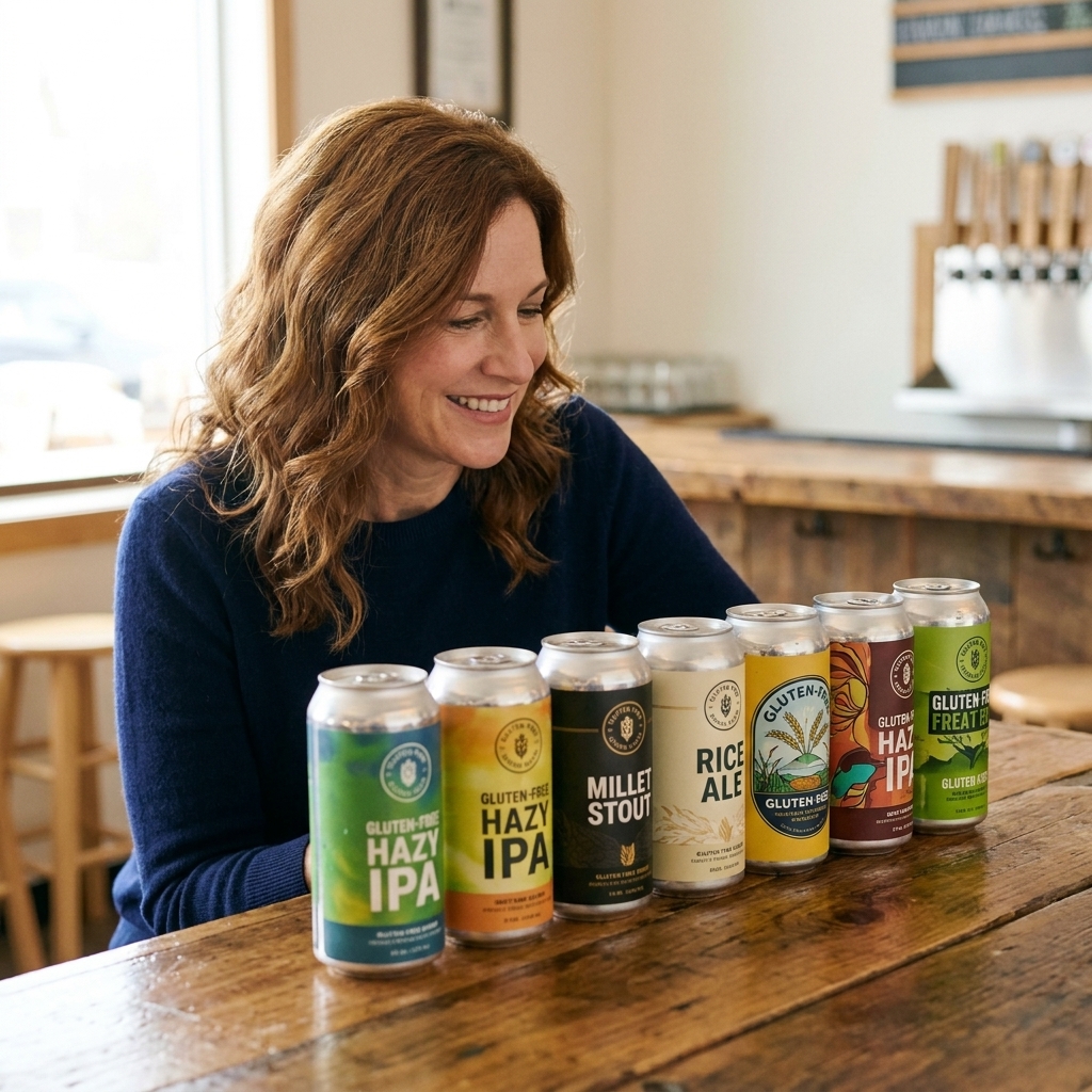 A row of assorted gluten-free craft beer cans standing on a wooden bar top, with soft natural light and a blurred taproom background