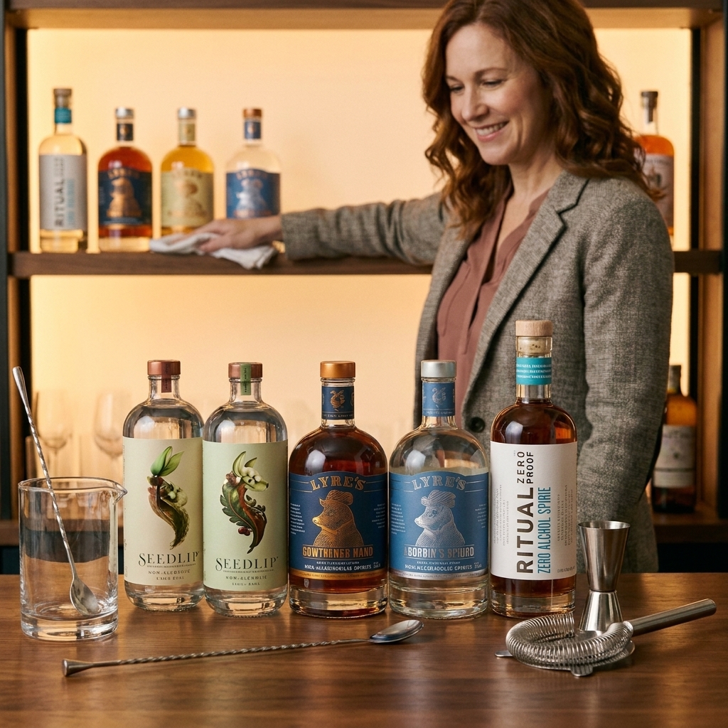 A row of premium non-alcoholic spirit bottles lined up on a backbar shelf with soft ambient lighting and bar tools in the foreground