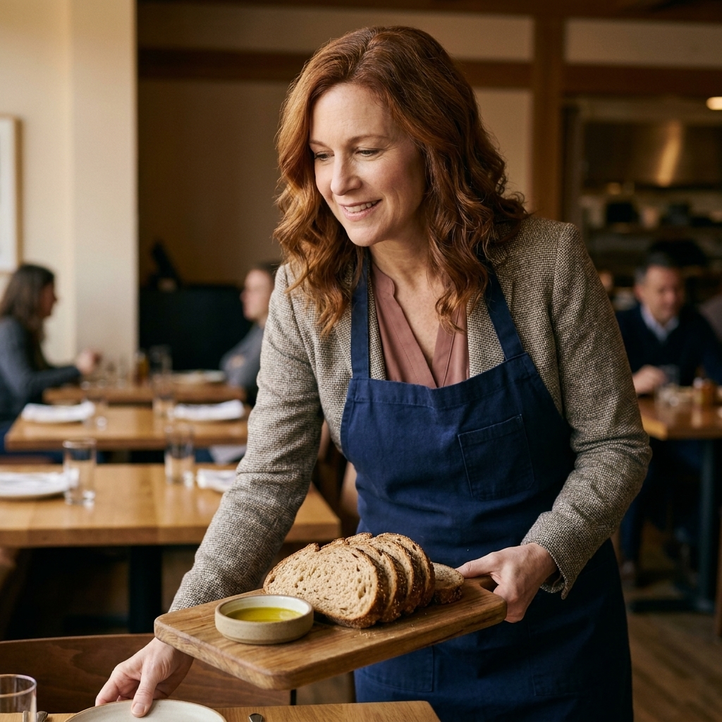 A server carrying a wooden board with sliced rustic bread made from heritage grains, served with a small dish of olive oil in a softly lit dining room