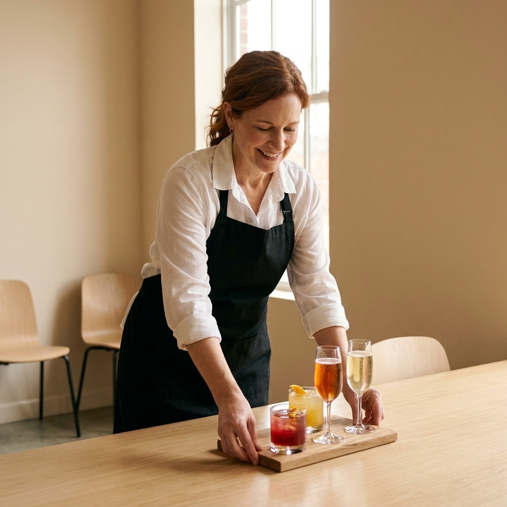 A server placing a small tasting board of non-alcoholic aperitifs and sparkling beverages on a table in a minimalist tasting room