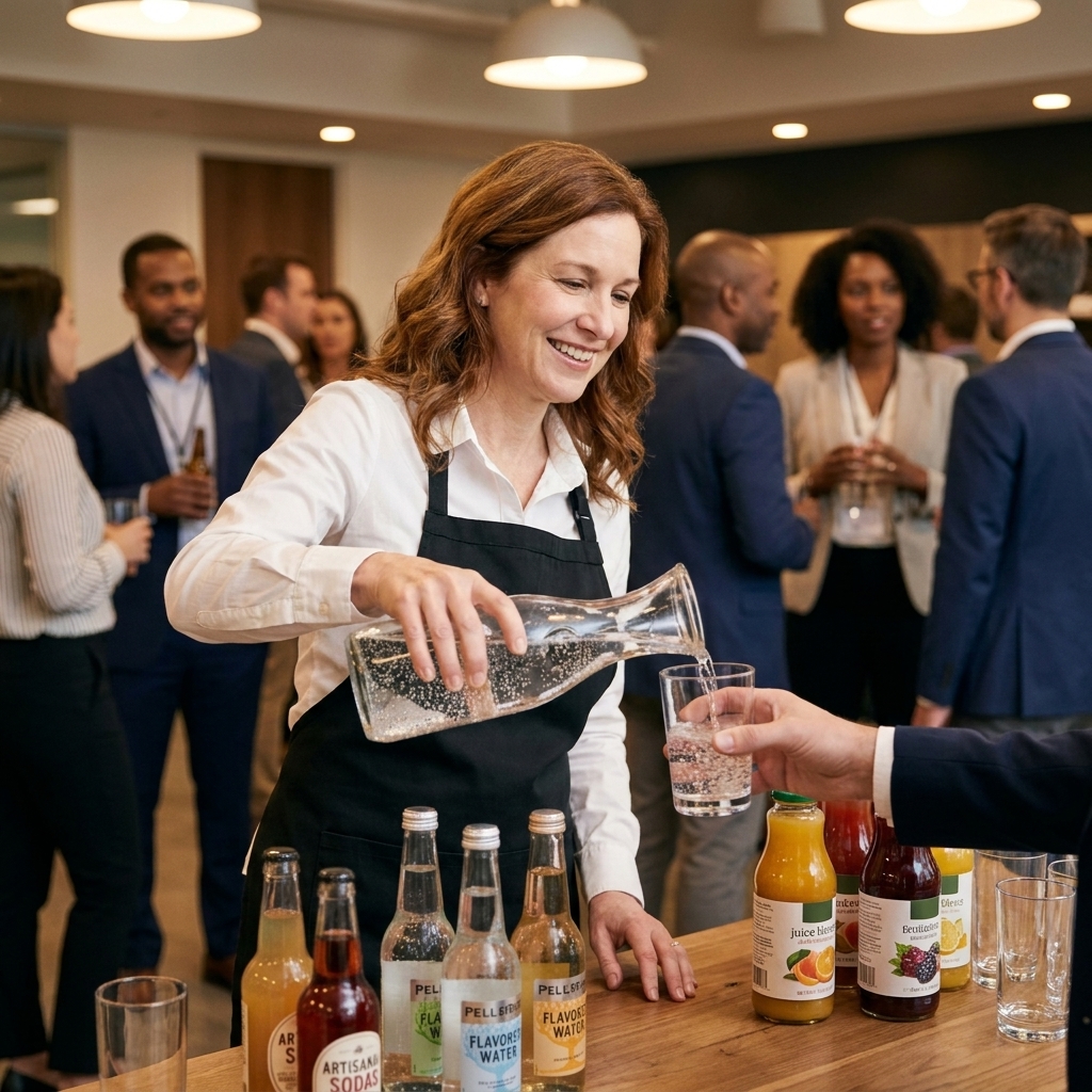 A server pouring sparkling water into a glass at a corporate networking event with non-alcoholic drink bottles on a nearby table