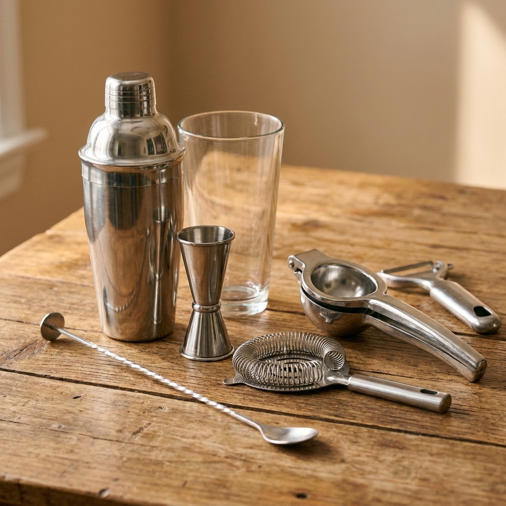 A simple home bar tool layout on a wooden table featuring a Boston shaker, jigger, bar spoon, Hawthorne strainer, citrus press, and peeler