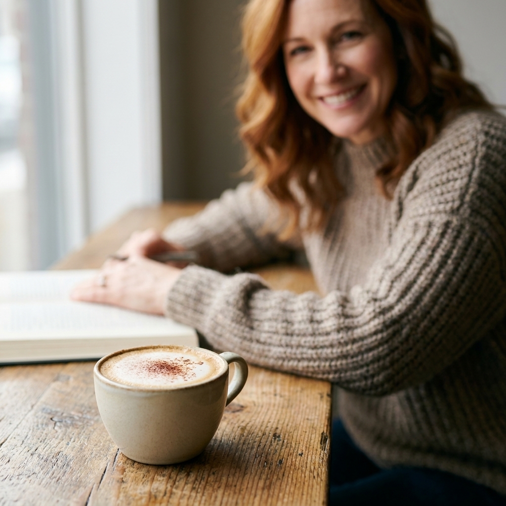 A small almond milk cappuccino on a wooden café table with a thin layer of foam and a light dusting of cocoa