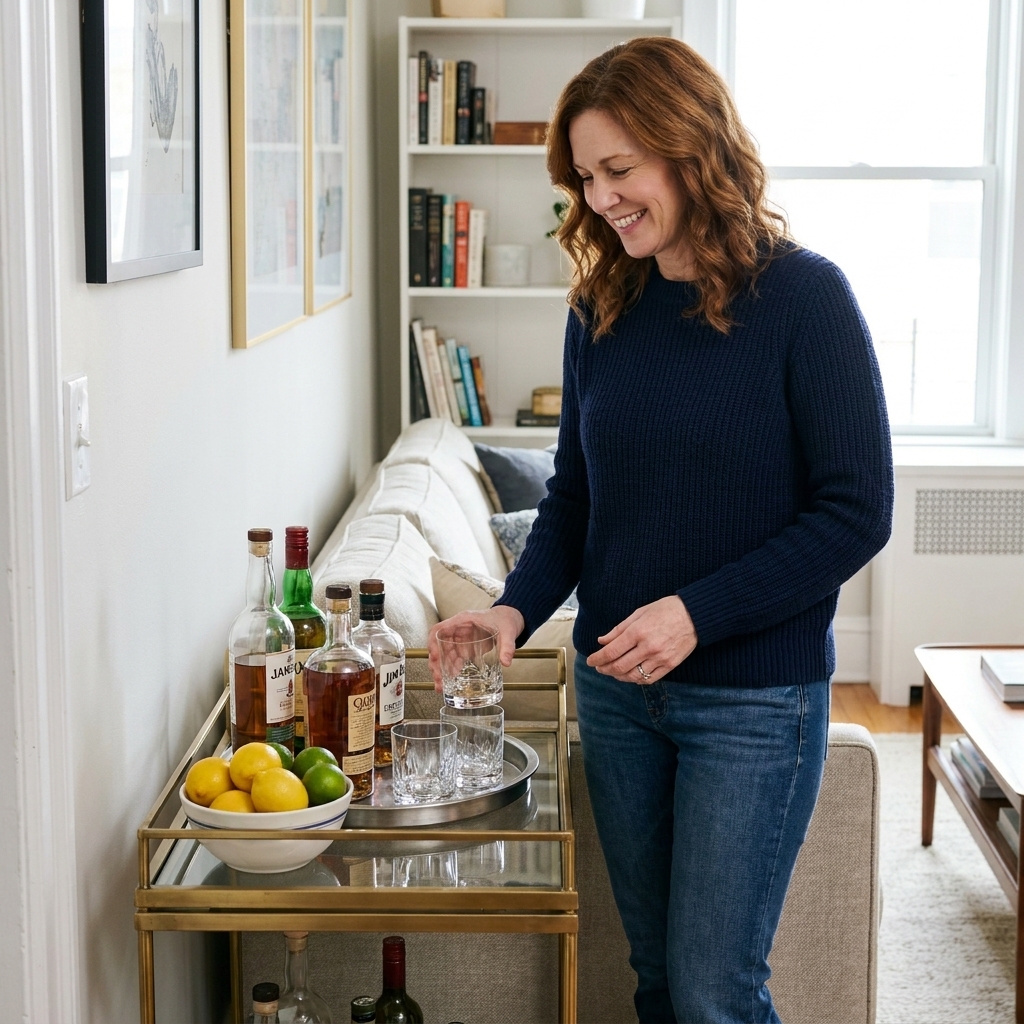 A small bar cart in a compact living room with a neat tray of bottles, a few glasses, and a bowl of citrus on the top shelf