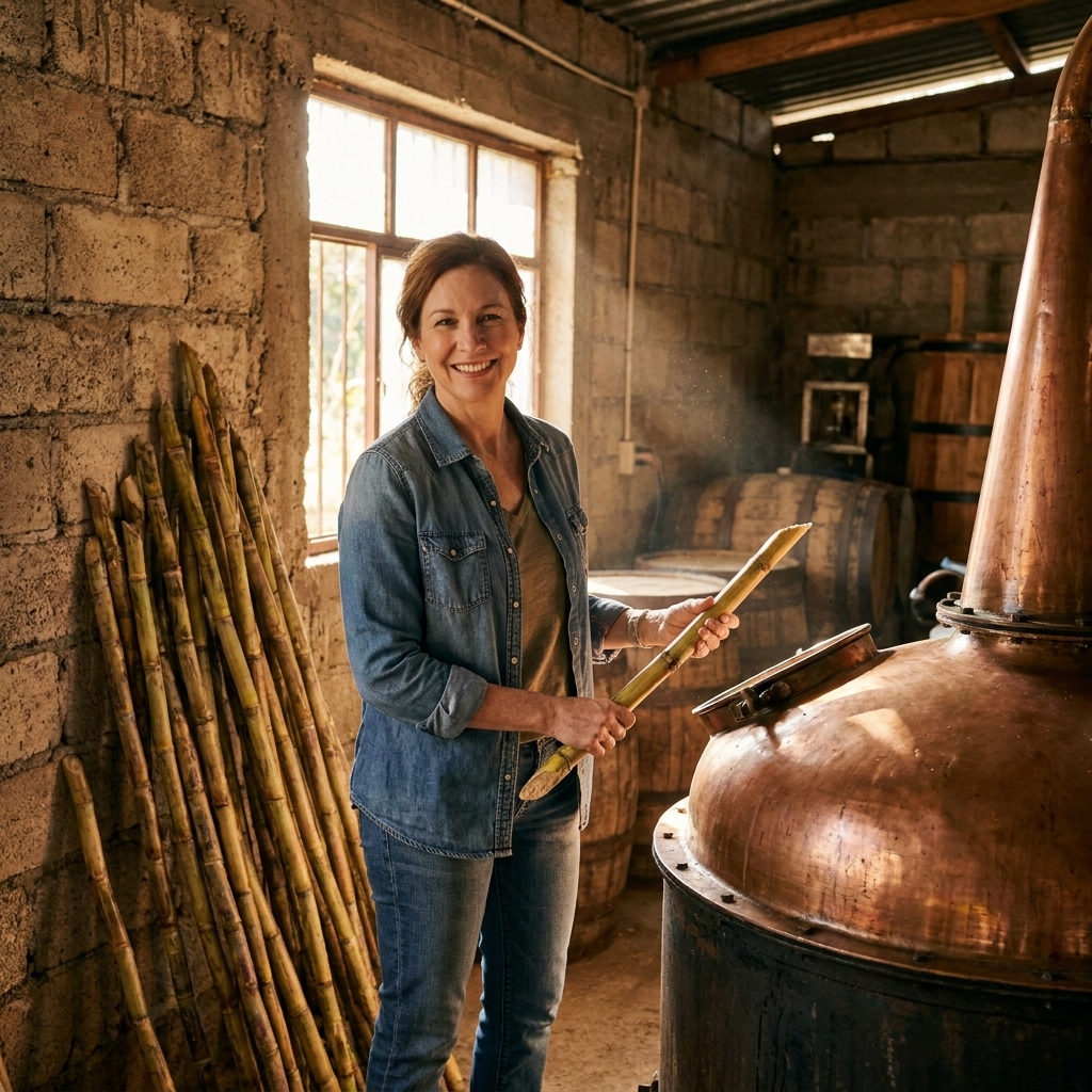 A small distillery room in Chiapas with a copper pot still and sugarcane stalks stacked along a wall, warm natural light