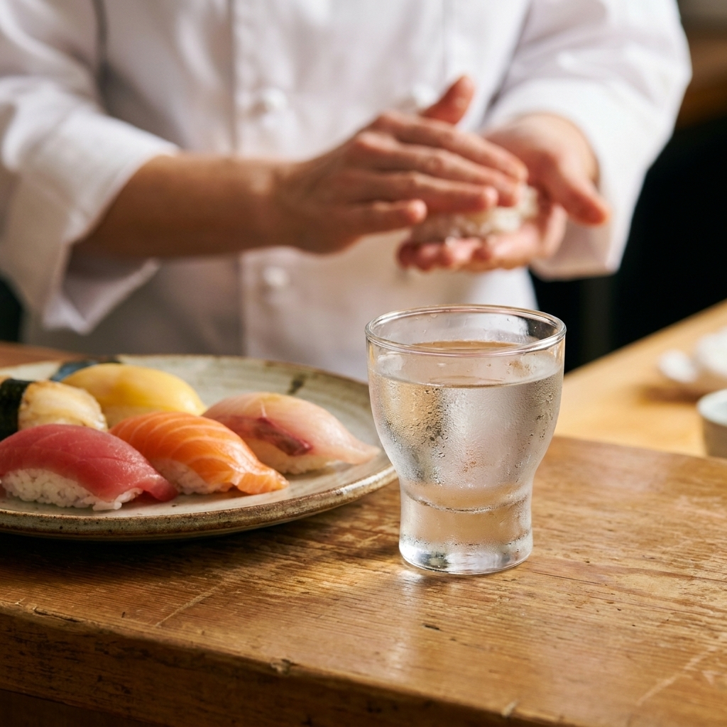 A small glass of chilled sake on a wooden counter beside a plate with nigiri, with the sushi chef’s hands visible in the background