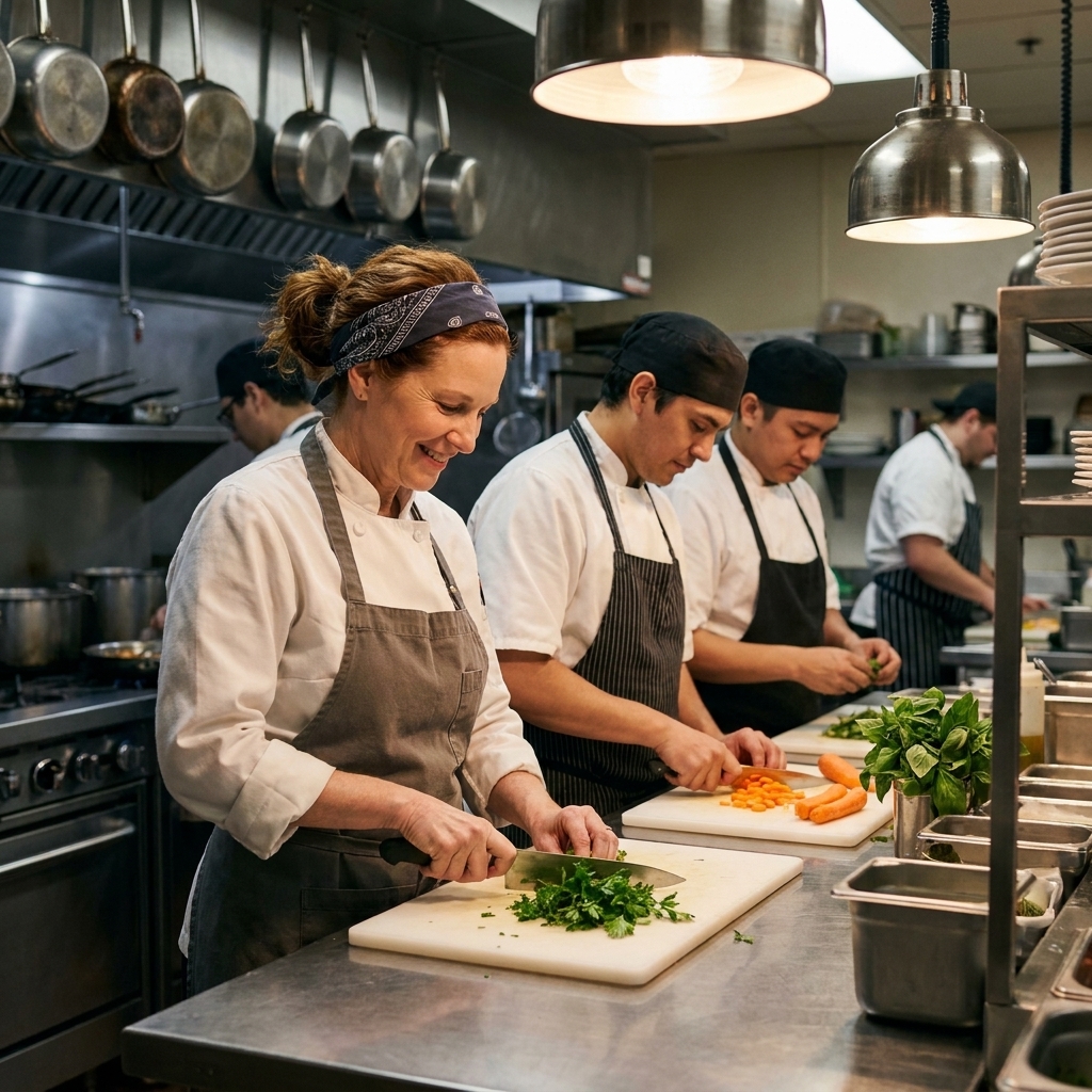 A small team of cooks in a restaurant kitchen calmly prepping vegetables and herbs at a stainless steel counter during dinner service