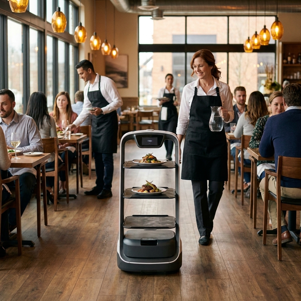 A small wheeled robot carrying plated dishes rolling through a modern restaurant dining room while servers move between tables