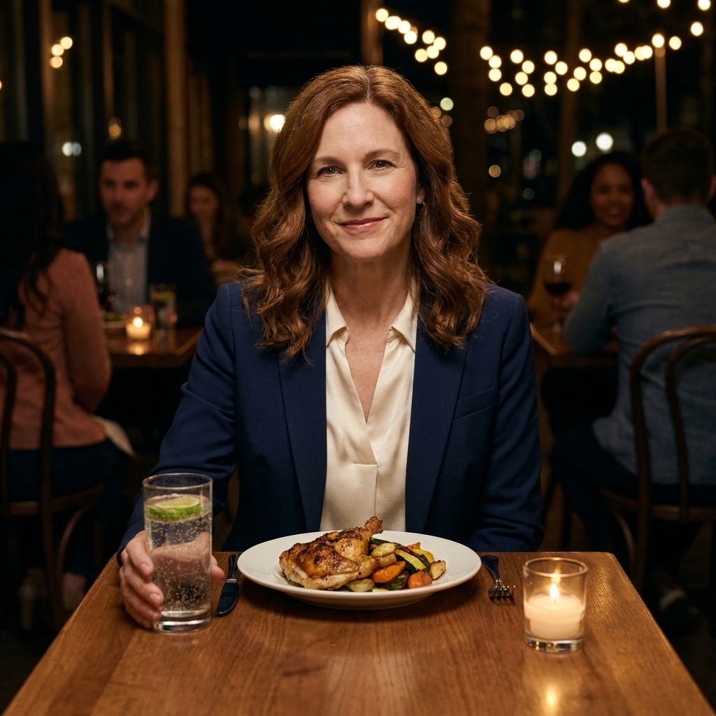 A solo diner at a small restaurant table with a candle, a plated entree, and a glass of sparkling water, evening ambiance