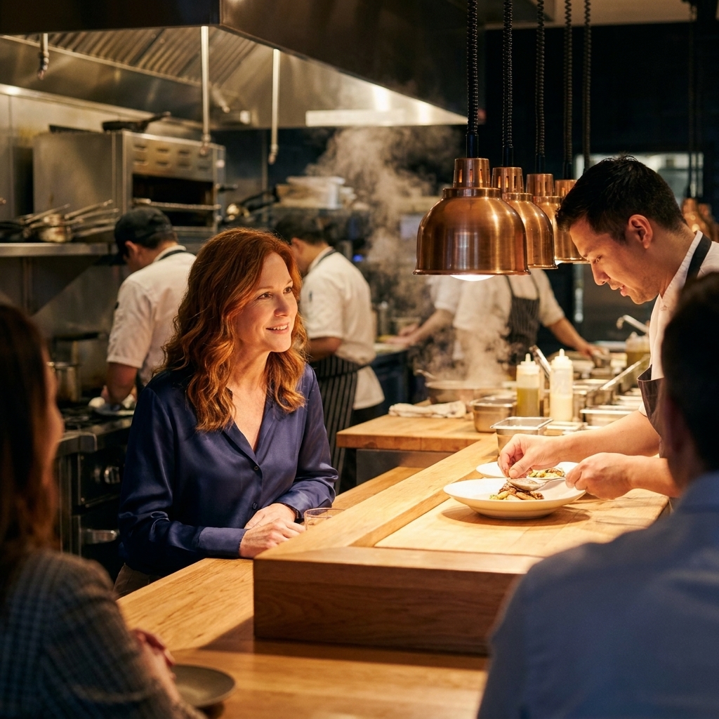 A solo diner seated at a chef’s counter facing an open kitchen, watching cooks plate dishes under warm task lighting