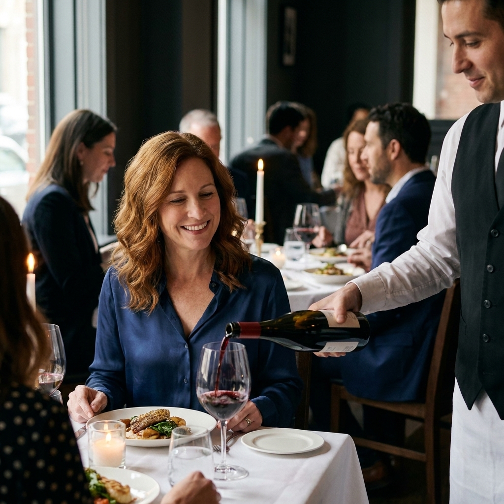 A sommelier pouring red wine into a stemmed glass at a restaurant table while diners watch, candid dining room moment