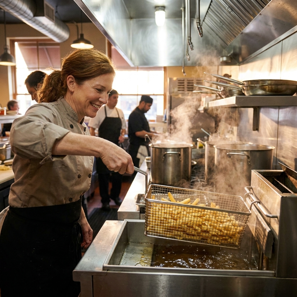 A stainless steel deep fryer with a wire basket lifted above hot oil in a busy restaurant kitchen