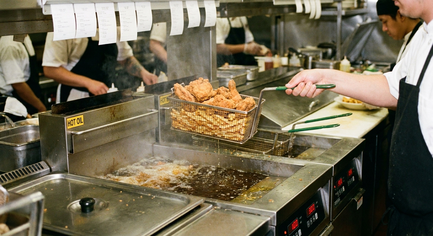 A stainless steel deep fryer with a wire basket lifted above bubbling oil in a restaurant kitchen during service