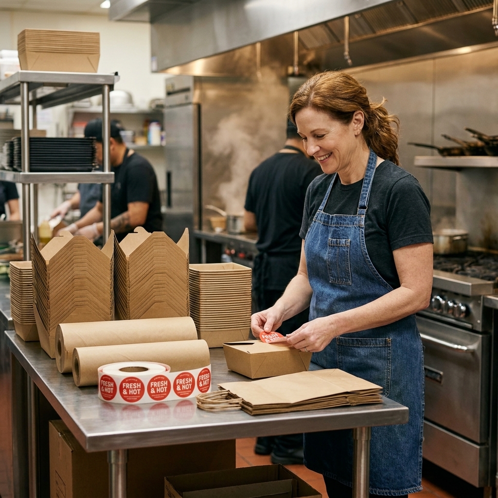 A stainless-steel prep table covered with neatly stacked takeout containers, sealing stickers, and paper bags in a busy commercial kitchen