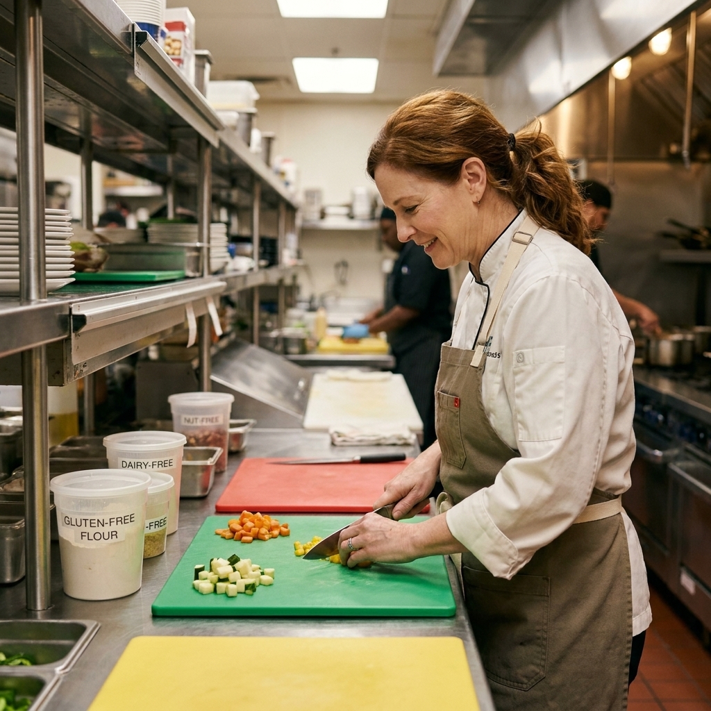 A stainless steel restaurant prep station set up with color-coded cutting boards and labeled containers for allergen-aware cooking during service