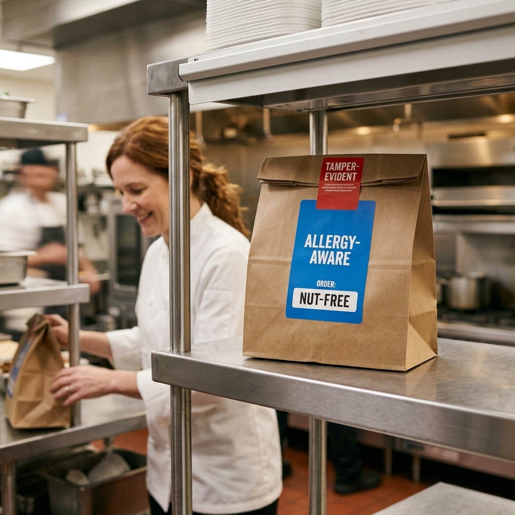 A takeout bag sealed with a tamper-evident sticker and clearly labeled for an allergy-aware order, sitting on a pickup shelf in a commercial kitchen