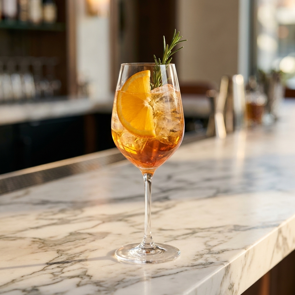 A tall wine glass filled with an amber non-alcoholic spritz over ice, topped with an orange slice and a sprig of rosemary on a marble bar