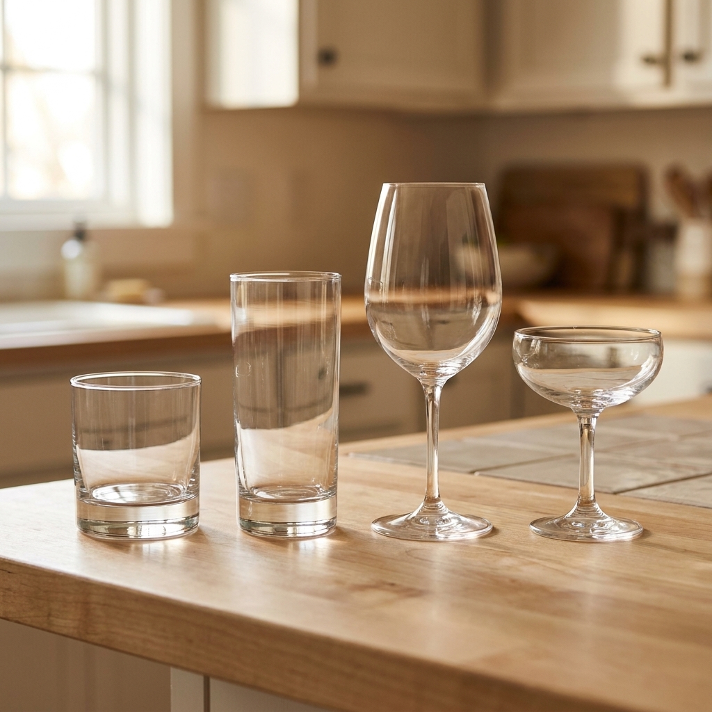 A tidy lineup of four essential glass types on a kitchen counter: double rocks glasses, highball glasses, wine glasses, and coupe glasses in natural daylight