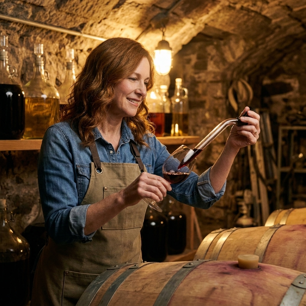 A winemaker in a small cellar checking barrels and glass demijohns under warm cellar lighting