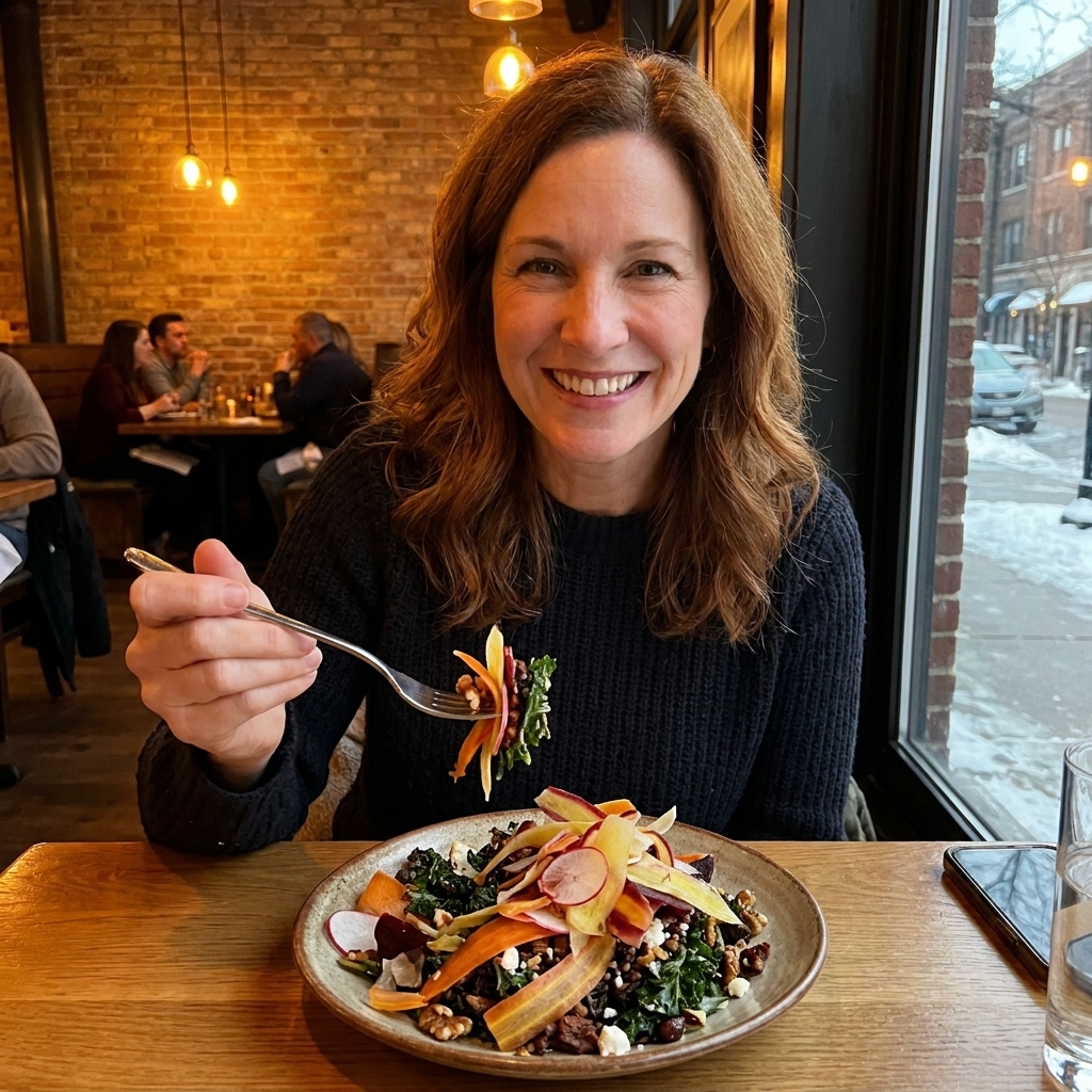 A winter salad on a restaurant table with shaved root vegetables and hearty greens, photographed in a warmly lit Chicago dining room
