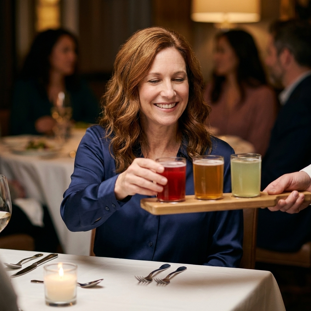 A wooden tray holding three small glasses of kombucha in different hues being served at an upscale restaurant table