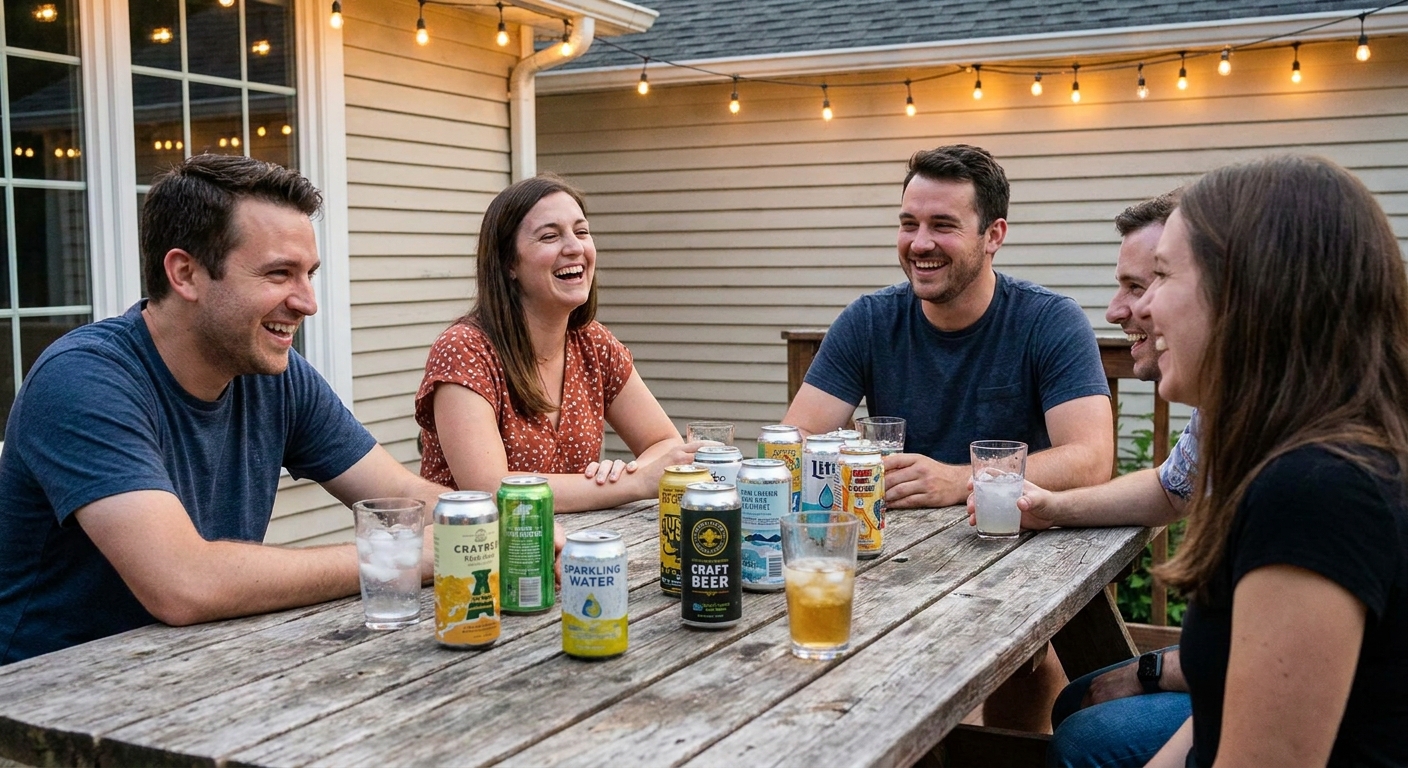 Friends gathered around a patio table with a mix of canned drinks and glasses
