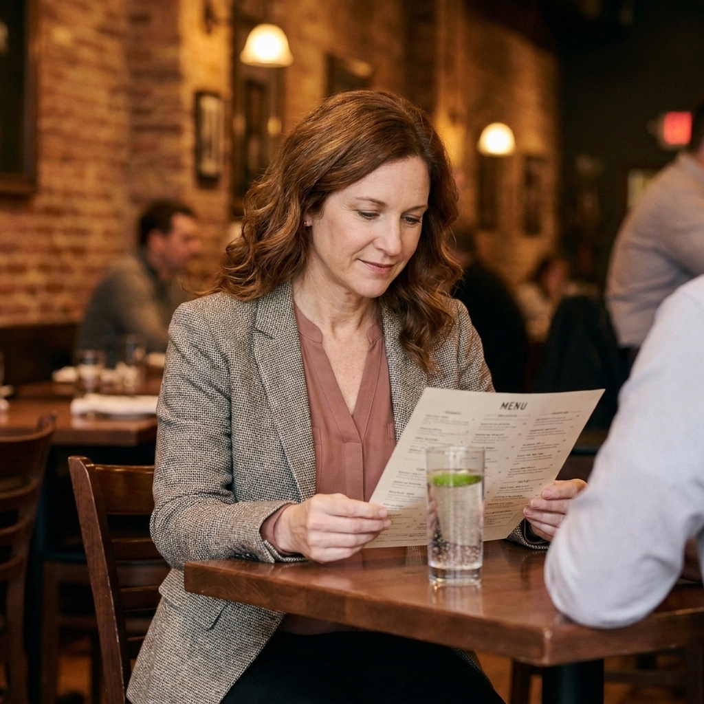 Julianne Rossi reviewing a restaurant menu at a small table with a glass of sparkling water, carefully checking details before ordering.