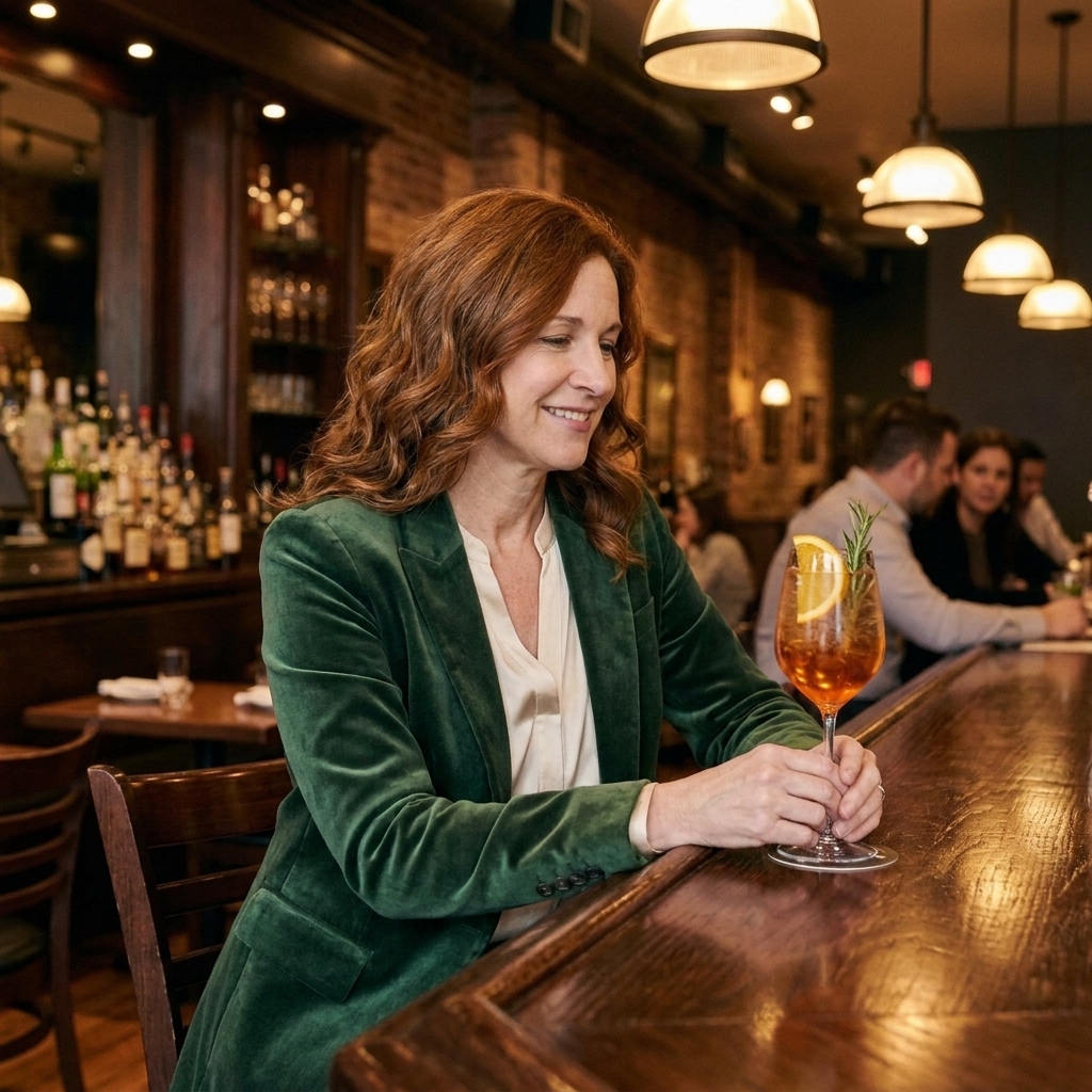 Julianne Rossi seated at a Chicago cocktail bar with a non-alcoholic spritz in front of her, warm ambient lighting and a relaxed, inviting atmosphere.