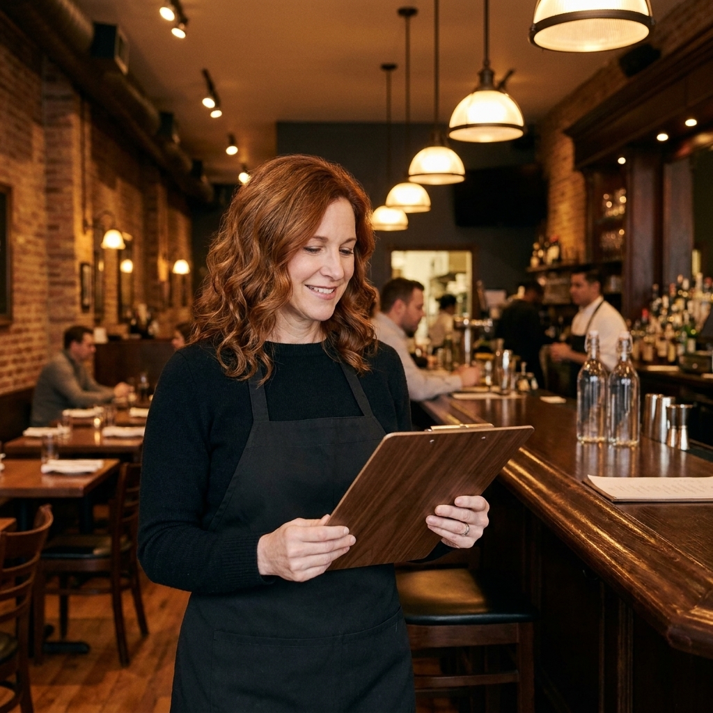 Julianne Rossi standing in a softly lit Chicago restaurant dining room near the bar, wearing a simple black apron and holding a clipboard.