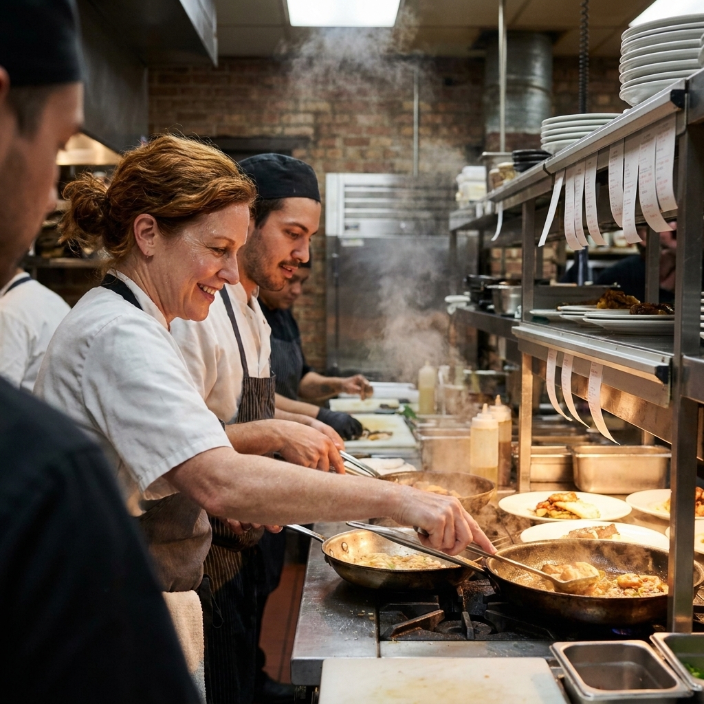 Line cooks working shoulder to shoulder during dinner rush in a Chicago restaurant kitchen, stainless steel counters and heat lamps in the background