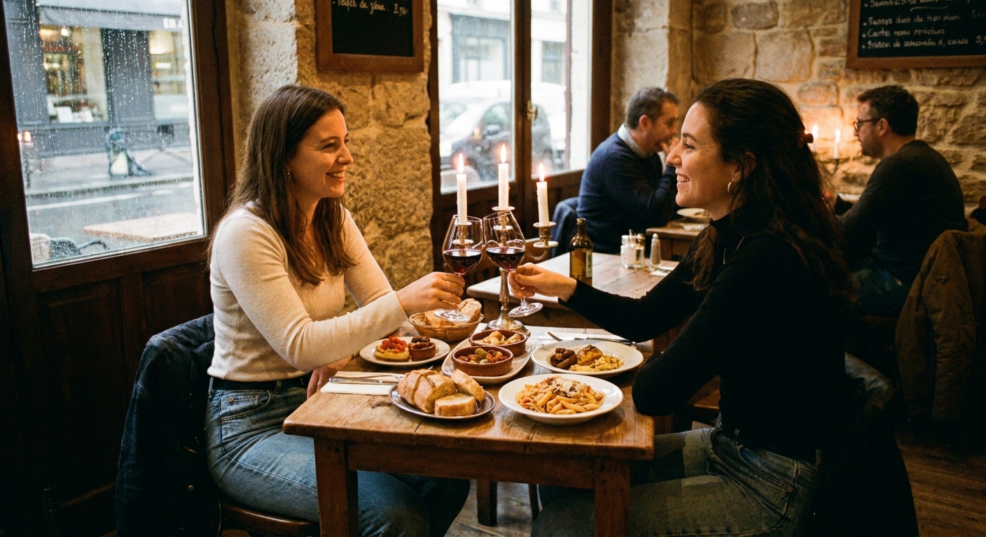 Two friends clinking red wine glasses across a small restaurant table with shared plates and candlelight