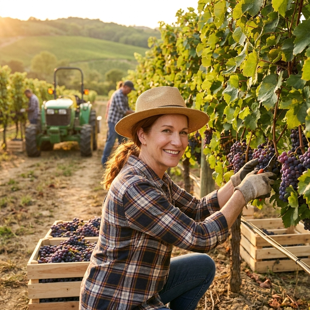 Workers hand-harvesting grapes in a green vineyard row under late-afternoon sun, with crates of fruit and a small tractor in the distance